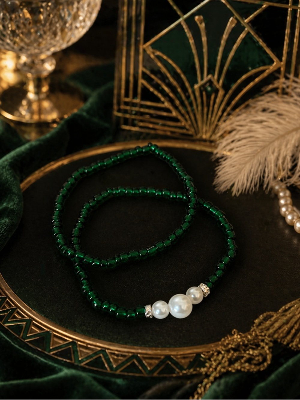 Emerald Pearl Beaded Bracelet Set | Vintage Glam Art Deco Inspired Duo 9”